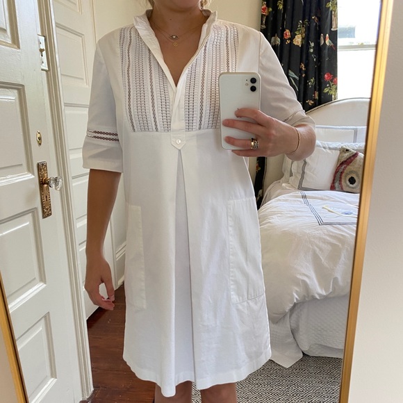 VINCE Lattice Lace Bib Cotton Poplin Shift Dress - Picture 13 of 16